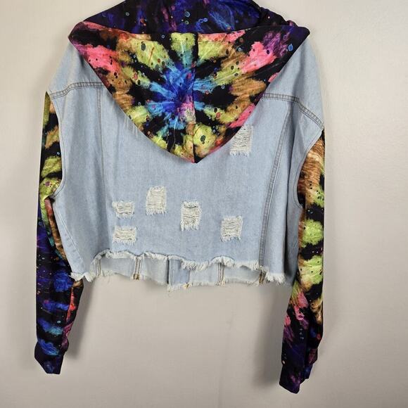 Upcycled Denim Cropped Jacket Thrashed Tie Dye Sleeves Detach Hood 50" Chest - Picture 7 of 13